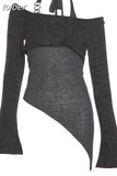 Fashion Y2k Tops Irregular Halter Off Shoulder Long Sleeve Top Grey 2 Piece Set Womens T Shirts Street Clothes