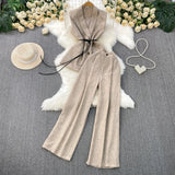 Gray West Assembly V-Neck Double Buckle Vest Sleeveless Waist Blouse + High Waist-High-Scretch Broad-Legged Trousers