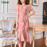 Summer Vintage Ruffle Beach Holiday Midi Dress Ladies Streetwear Elegant Casual Floral Print French Romantic Wrap