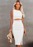 Elegant O-Neck Sleeveless Solid Hollow Out Slit Midi
