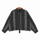Women Dark Gray Plaid Tassels Big Size Blouse New Lapel Long Sleeve Loose Fit Shirt Fashion Spring Autumn 2023