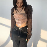 Vintage Cardigan Cloak + Tie Dye Irregular Camisole Two Piece Set Chain Design Sexy Slim Crop Top Women Scarf