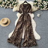 Dress Holiday Wear Chic Light Leisure V Collar Short Sleeves Tight Waist High Waist Thin Leg Print Jump