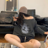 Women Vintage Print T-shirt Fairy Grunge 2021 New Autumn Long Sleeved Cool Girl Rock Strapless Tees Loose Harajuku