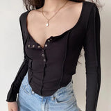 Sexy Button Up Slim T Shirt Women Long Sleeve Irregular Crop Top Korean Fashion Ribbed Skinny Tee Shirt Chic
