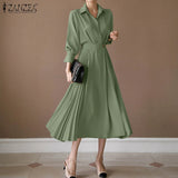 Pleated Fashion Elegant Work OL Party Casual Vestidos Shirtdress Vintage Dresses ZANZEA Women Spring Sleeved A-line Lapel