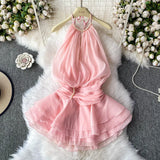 And Summer 2025 New Products Hanging Neck Bare Back Texture Crippling Poneng Dress To Close The Waist Tie Sweet Holiday