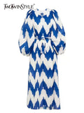 TWOTWINSTYLE Colorblock Wave Striped Dress For Women Round Neck Long Lantern Sleeve Lace Up Dresses Female Spring Clothing