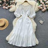 Summer White/Green/Pink New Lace Embroidery Dress Women Puff Sleeve Dresses Female Vintage Party Beach Maxi Long