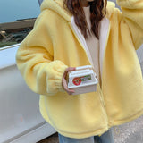 Hooded Ladies Plus Velvet Thick Coat All-match Jacket Pure Yellow Sweet and Cute Autumn and Winter Lamb Wool Loose Coat