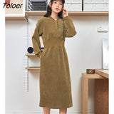 Women Dress 2022 Winter Long Sleeves Baseball Collar A-line Fitted Waist Olive Green Casual Chic Midi