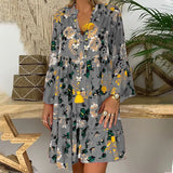 Bohemian Women Dresses Summer Long Sleeve Button Loose Mini Dress Big Swing Boho Dress Printed
