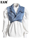 Women Blue Denim Irregular Blouse New Lapel Long Puff Sleeve Loose Fit Shirt Fashion Tide Spring Autumn 2023