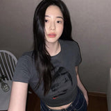 Korean Fashion Grunge Print Crop Tops Kpop Y2k Aesthetics Tshirt Vintage Graphic Japanese Tee Shirt Harajuku