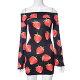 Print Dress Women Aesthetic Clothes Off Shoulder Long Sleeve Bodycon Dresses y2k Fairycore Grunge Dress