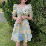 Party Puff Sleeve Floral Vintage Dress Women French High Waist Designer Beach Dress Female 2022 Women's Summer Sundresses Casual