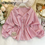 Vintage Shirt Women's V Neck Long Sleeve Striped Short Tops Casual Blouses Korean Fashion Clothing