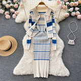 Panelled Striped Sweet Knitted Sets Turn Down Collar Knitwear Top+Midi Slim Camis Dress Women Autumn Two Pieces