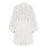 White Elegant Patchwork Embroidery Dress For Women Stand Collar Lantern Long Sleeve High Waist Dresses Female 2023