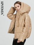 Women Fashion Thick Warm Faux Leather Padded Jacket Coat Vintage Long Sleeve Oversized Parka Female Outerwear Chic