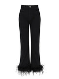 Toloer Luxury Wind Ostrich Hair Splicing Straight Pants 2024 Spring Style High Waist Foreign Style Versatile Show Thin Casual Jeans Tide-Outfit