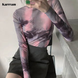 Pink Tie Dye Mesh Tops Women Spring Autumn Y2k Basic Top E-girl Harajuku Aesthetic Long Sleeve T-shirt Streetwear