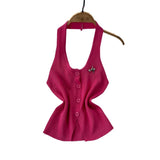 Design Feeling Hanging Neck Dew Single Buckle Slim Thin Knit Vest Women Wear Gas Bottom