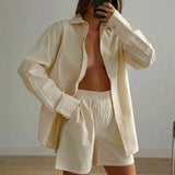 Casual Women Summer Tracksuit Shorts Set Long Sleeve Stripe Blouse Shirt Tops And High Waisted Mini Shorts Two Piece