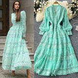 Retro V-Neck Lace To Receive Waist Long Sleeve Dress Female Thin High Sense Elegant Long
