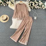 Women Casual Knitted Suits O Neck Long Knit Top+Split Wide Leg Pant Female Fashion OL Sweater Two Pieces