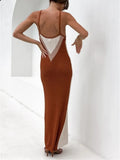 Beige Romantic Strap Sleeveless Color Blocking Knitted Backless Long Loose Holiday