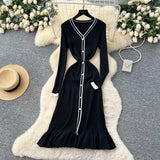 Small-Sized Famous Woman Hit The Color V-Neck Long Sleeve Single Buckle Waist Knitted Dress Women With Fish