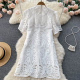 Straight Summer Women Lace Dress 2022 Zipper Sexy Hollow Out Slim Vacation Ladies French Style Midi