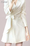 Fashion Women's Suit Dress Notched Collar Bow Lace Up Wait Spliced Pearls Pleated White Dresses Spring 2023 New