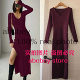 and winter sexy French slit sweater dress female slim tight-fitting hip-knit over-the-knee