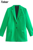 MODA 2023 Women Chic Green Loose Long Blazer Jacket V Neck Pockets Office Lady Fashion Jackets Female Elegant