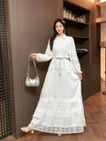 Retro Elegant Lace Splicing Strap To The Waist Lantern Sleeve Dress Female Thin Temperament Court Style