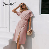 Party Cotton knotted straight women dress Casual O neck chic split dress Elegant green loose short sleeve ladies midi