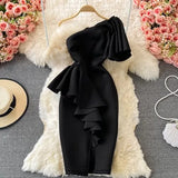 Sexy Off Shoulder Party Dress Women Summer Diagonal High Waist Irregular Ruffle Bodycon Vestidos Female Casual Red/Pink Robe