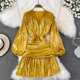 Women Sexy Draped Mini Dress Green/Red/Yellow Metal Color V-Neck Puff Long Sleeve High Waist Ruffle Hem Vestidos New
