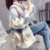 Sweater Cardigan Women Autumn Winter Korean Thick Knit Cardigans Argyle Oversized Hit Color Knitwear Outwear Coat