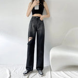 Ripped Jeans Women Classic Gradient Blue Baggy Washed Retro High Waist Straight Loose Wide Leg Woman Large Size Denim