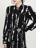 Women Big Size Striped Printed Long Dress New Stand Collar Long Sleeve Loose Fit Fashion Spring Autumn 2023