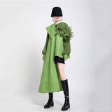 Women Green Ruffles Irregular Big Size Blouse New Lapel Long Sleeve Loose Fit Shirt Fashion Tide Spring Autumn 2023