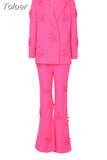 Fashion Women's Three-dimensional Decoration Blazer High Waist Straight Solid Pink Pant Sets 2023 Spring New Tide