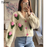 Bohemian Women Cardigan Tops three-dimensional Pattern Hand knitted Sweater V-Neck Puff Sleeve Loose Winter Sweaters