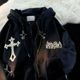 Embroidery Hoodies Women Autumn Harajuku Hip Hop Jacket Zip Up Hoodie Y2K Street Loose Casual Grunge Sweatshirt