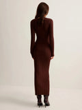 New Women's Dress French Retro Solid Color V-Neck Long-Sleeved Bag Hip Knitted