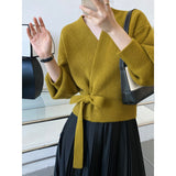 Women's V-neck Tie Waisted Loose Knitted Sweater Long Sleeve Sweater