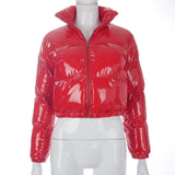 Sisterlinda Faux PU Leather Y2K Bubble Puffer Winter Warm Jacket Women Coats Long Sleeve Outerwear Zipper Casual Slim